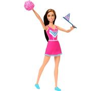 Barbie Bambola alla moda da cheerleader in uniforme da cheerleader, include pom, bandiera e mascotte cucciolo