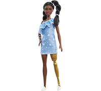 Barbie- Bambola Fashionistas Afroamericana Mora con Trecce, Protesi alla Gamba, Abito Azzurro a Stelle e Accessori, Giocattolo per Bambini 3+Anni, GYG09