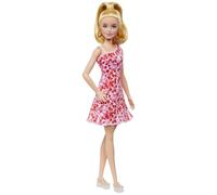 Barbie - Bambola Fashionistas con coda bionda, abito floreale rosa e rosso, sandali con plateau e orecchini a cerchio, giocattolo per bambni, 3+ anni, HJT02