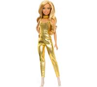 Barbie - Bambola Fashionistas n. 222, silhouette petite con capelli biondi ondulati, accessori dorati e tuta alla moda, da collezione per il 65° anniversario, giocattolo per bambini, 3+ anni, HRH19