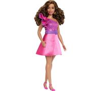 Barbie - Bambola Fashionistas n. 225 da collezione 65° Anniversario, silhouette curvy con capelli castani, abito rosa scintillante e accessori inclusi, giocattolo per bambini, 3+ anni, HRH22