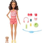 Barbie Bambola Style Wellness Runner snodata in canotta e shorts rosa Barbiecore con cucciolo e 9 accessori, inclusi marsupio, visiera e occhiali da sole , JNM28