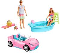 Barbie- Bambole Ken in Costume da Bagno con Auto Cabrio, Piscina con Scivolo e Accessori, Giocattolo per Bambini 3+Anni, GJB71