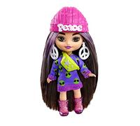 Barbie - Barbie Extra Mini Minis, Bambola con capelli castani e abito di maglia con alieno, abiti e accessori con simbolo della pace, giocattolo per bambini 3+ Anni, HLN46