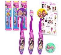 Barbie Barbie - Kit di spazzolini da denti per bambini, con 3 spazzolini da denti con tappi da collezione e adesivi per bambini, ragazze, bambini piccoli | Set di spazzolini Barbie