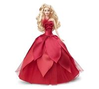 Barbie - Barbie Signature Magia delle Feste 2022 bambola bionda, capelli ondulati, abito rosso con ampia gonna e orecchini pendenti, da collezione, Giocattolo e regalo per Bambini 6+ Anni, HBY03