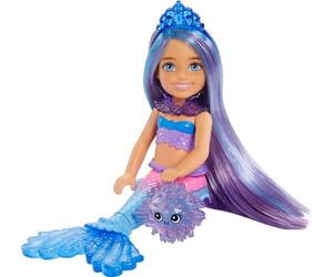 Barbie - Barbie Sirene Chelsea bambola sirena con capelli blu e viola e 2 animaletti, forziere e accessori, Giocattolo per Bambini 3+ Anni, HHG57