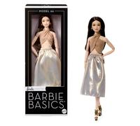 Barbie Signature - Barbie Basics Modello 06, bambola da collezione con capelli castani, gonna e top incrociato dorati, vestibilità universale e corpo snodato, JJX25