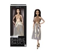 Barbie Signature - Barbie Basics Modello 06, bambola da collezione con capelli castani, gonna e top incrociato dorati, vestibilità universale e corpo snodato, JJX25