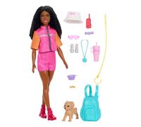 Barbie Avventure all'Aperto - Brooklyn, bambola bruna alla moda con abito e 10 accessori a tema campeggio, amico cucciolo incluso, giocattolo per bambini, 3+ anni, JJV60