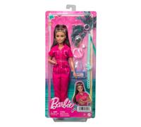 barbie bruna in tuta rosa con accessori
