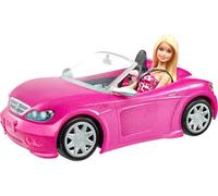 Barbie - Cabrio con bambola, veicolo glam a due posti con tettuccio aperto e bambola bionda con abito rosa e dettagli stampati inclusa, giocattolo per bambini, 3+ anni, DJR55