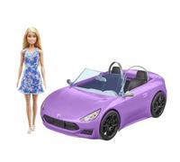 Barbie - Cabrio con bambola, veicolo viola a due posti con tettuccio aperto e bambola bionda con abito blu e dettagli stampati inclusa, giocattolo per bambini, 3+ anni, HBY29
