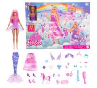 Barbie - Calendario dell'Avvento 2025, bambola trasformabile inclusa e 24 accessori a sorpresa tra cui unicorno e 3 cuccioli, giocattolo per bambini, 3+ anni, JFL66
