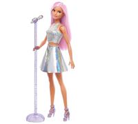 Barbie Carriere - Pop Star, bambola con top argentato e gonna irridescente, lunghi capelli rosa e scarpe viola, accessorio microfono incluso, giocattolo per bambini, 3+ anni, JCW42