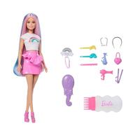 Barbie - Capelli Arcobaleno, bambola dai capelli extra lunghi e colorati, 12 accessori per lo styling inclusi, tubetto di glitter, spazzola, fermagli, asciugacapelli, 3+ anni, JJP07