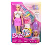 Barbie - Capelli Arcobaleno, bambola dai capelli extra lunghi e colorati, 12 accessori per lo styling inclusi, tubetto di glitter, spazzola, fermagli, asciugacapelli, 3+ anni, JJP07