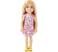 Barbie Chelsea Bambola con Capelli Lunghi biondi e Occhi Blu che indossa un abito rimovibile con fiori viola e scarpe gialle