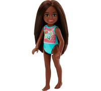 Barbie Chelsea - Bambola piccola con costume da bagno a righe e stampa floreale, capelli marroni e occhi marroni