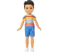 Barbie Club Chelsea Koji, mini bambolotto da 15,2 cm con capelli castani, scarpe, shorts e camicia a righe rimovibili, JJB36