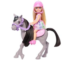 Barbie - Chelsea e Pony, set con bambola Chelsea e cavallo grigio, include il casco e la sella per cavalcare il suo dolce pony, giocattolo per bambini, 3+ anni, HTK29