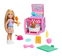 Barbie Chelsea Puppy Carrier Playset, Bambola bionda e accessori, trasportino per cani con pezzi da gioco a tema cucciolo