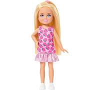 Barbie Club Chelsea, mini bambola di 15,2 cm con capelli biondi, scarpe e abito con stampa di fragole rimovibili, JJB33