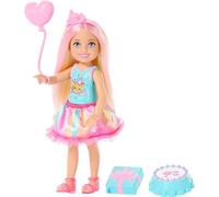 Barbie Club Chelsea, mini bambola da 15,2 cm a tema compleanno con capelli biondi con meches rosa, abito colorato e 4 accessori per la festa, JJB37