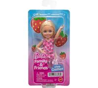 Barbie Club Chelsea, mini bambola di 15,2 cm con capelli biondi, scarpe e abito con stampa di fragole rimovibili, JJB33