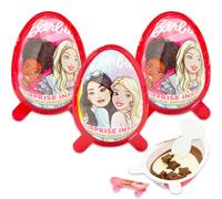 Barbie Confezione da 3 uova a sorpresa con 3 dolcetti con bocconcini di cialda al cioccolato e crema al latte più sorpresa, uovo di cioccolato Barbie con dolcetto