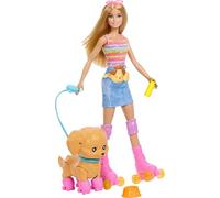 Barbie - Cucciolo sui pattini, set con bambola dai capelli biondi e cucciolo, guinzaglio e pattini coordinati, include occhiali da sole e accessori per animali, JMJ44