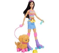 Barbie & cucciolo sui pattini, bambola dai capelli castani con cucciolo, guinzaglio, pattini coordinati, occhiali da sole e accessori per animali, JMJ45