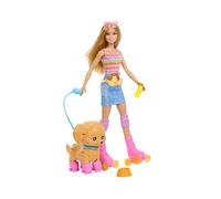Barbie - Cucciolo sui pattini, set con bambola dai capelli biondi e cucciolo, guinzaglio e pattini coordinati, include occhiali da sole e accessori per animali, JMJ44