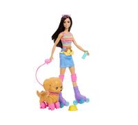 Barbie & cucciolo sui pattini, bambola dai capelli castani con cucciolo, guinzaglio, pattini coordinati, occhiali da sole e accessori per animali, JMJ45