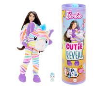 Barbie - Cutie Reveal Serie Color Dream, bambola con costume da zebra di peluche arcobaleno e 10 accessori a sopresa con effetto cambia colore, giocattolo per bambini, 3+ anni, HRK39