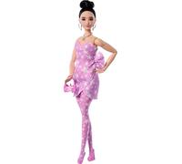 Barbie - Deluxe Style n. 11, bambola dai capelli neri con chignon, abito in denim rosa con stampa a stelle e calze coordinate, borsa e gioielli inclusi, 4+ anni, JJN71