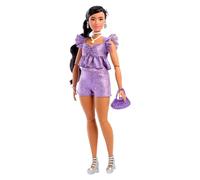 Barbie - Deluxe Style n. 8, bambola con top viola metallizzato e shorts scintillanti, capelli neri con treccia e accessori come gioielli e borsa inclusi, giocattolo per bambini, 4+ anni, JFP43