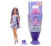 Barbie - donut dreams pop reveal serie dolcetti, bambola viola con cucciolo e 8 sorprese con effetto cambia colore