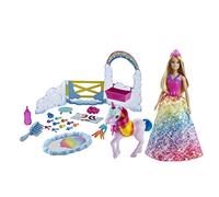 Barbie Dreamtopia Playset Unicorno con Barbie Royal, unicorno con effetto cambia-colore e 18 accessori, regalo per bambini da 3 a 7 anni, GTG01