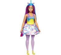 Barbie - Dreamtopia Unicorno Bambola curvy, capelli blu e viola con gonna, coda e cerchietto da unicorno rimovibili, Giocattolo per Bambini 3+ Anni, HGR20