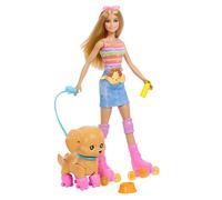 Barbie - Cucciolo sui pattini, set con bambola dai capelli biondi e cucciolo, guinzaglio e pattini coordinati, include occhiali da sole e accessori per animali, JMJ44