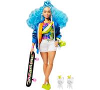 Barbie Extra Bambola Curvy con Capelli Ricci Azzurri, Cucciolo e Accessori alla Moda, Giocattolo per Bambini 3+Anni, GRN30