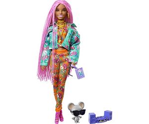 Barbie Extra Doll #10 in Floral-Print Jacket & Jogger Set with DJ Mouse Pet, Extra-Long Pink Braids, Layered Outfit & Accessories, Gift for Kids 3 Years+