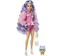 Barbie Extra Doll e accessori con lunghi capelli pervinca, giacca di jeans con stampa orsetto e pantaloncini abbinati e cucciolo