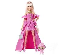 Barbie Extra Fancy Bambola con abito asimmetrico rosa lucido, cagnolino, capelli lunghissimi e accessori, articolazioni snodate