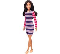 Barbie Fashionistas Bambola con Capelli Lunghi Castani, Abito a Righe e Accessori, Giocattolo per Bambini 3+Anni, GYB02