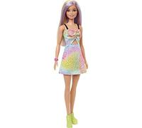 Barbie - Fashionistas N 190 Bambola con Capelli Biondi e Ciocche Viola, Abito, Sneaker Gialle con Zeppa, Bracciale, Giocattolo per Bambini 3+ Anni, HBV22