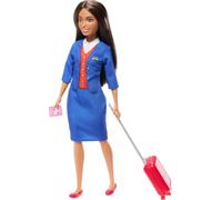 Barbie Flight Attendant - Bambola alla moda in uniforme blu rimovibile, con valigetta, cuffie e accessori per passaporto