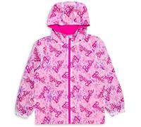 Barbie Giacca impermeabile da bambina, foderata in pile, con cappuccio e zip e tasche, stampa logo rosa su tutta la superficie, taglie da 3-4 a 9-10 anni, giacca antipioggia per bambine, rosa, 3-4