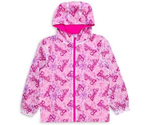 Barbie Giacca impermeabile da bambina, foderata in pile, con cappuccio e zip e tasche, stampa logo rosa su tutta la superficie, taglie da 3-4 a 9-10 anni, giacca antipioggia per bambine, rosa, 5-6